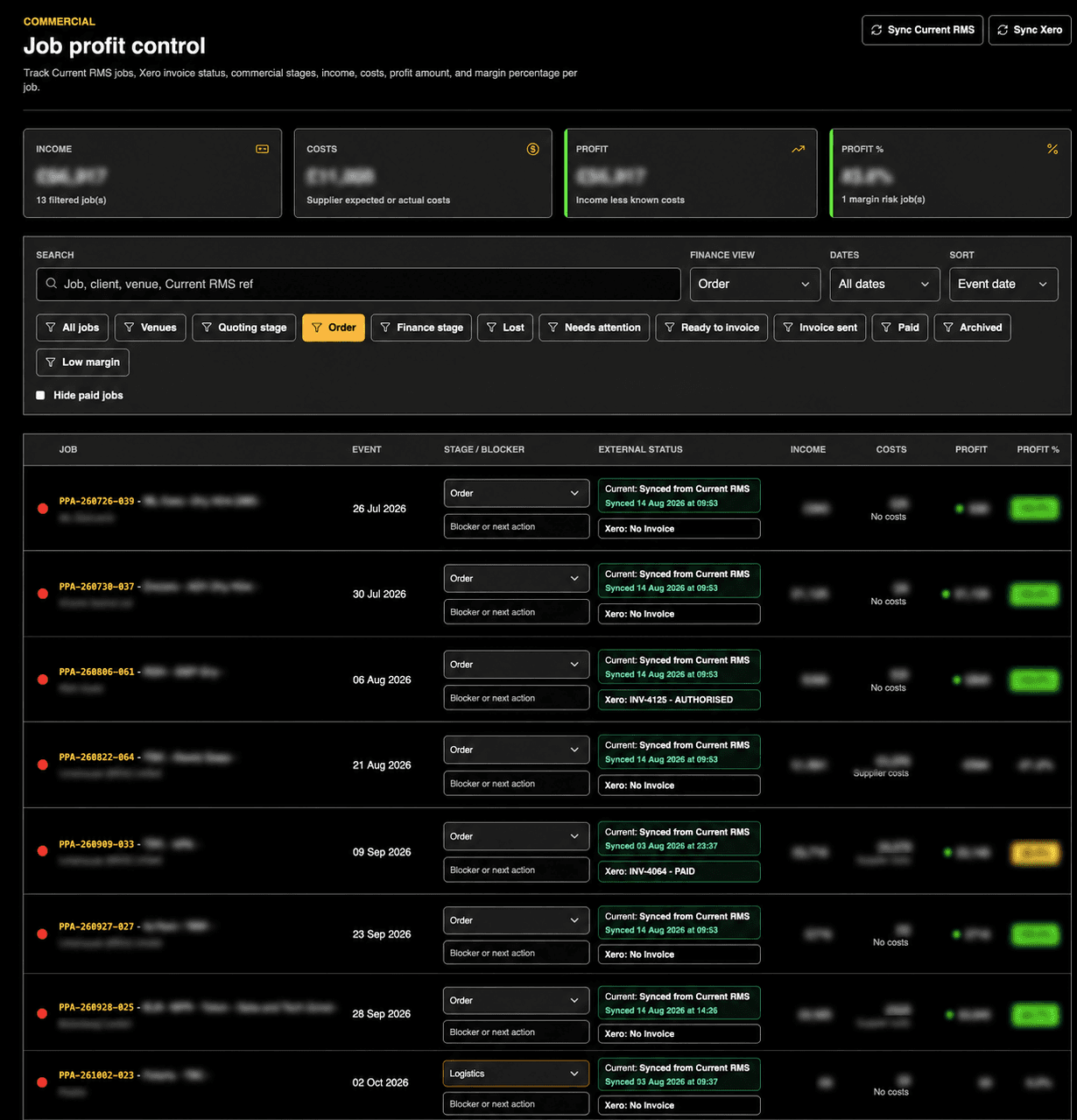 Commercial control by job screen in ProductionOps360