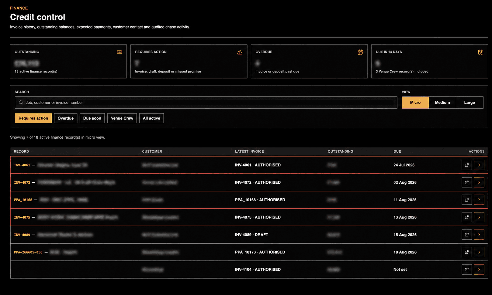 A proper credit-control workspace screen in ProductionOps360