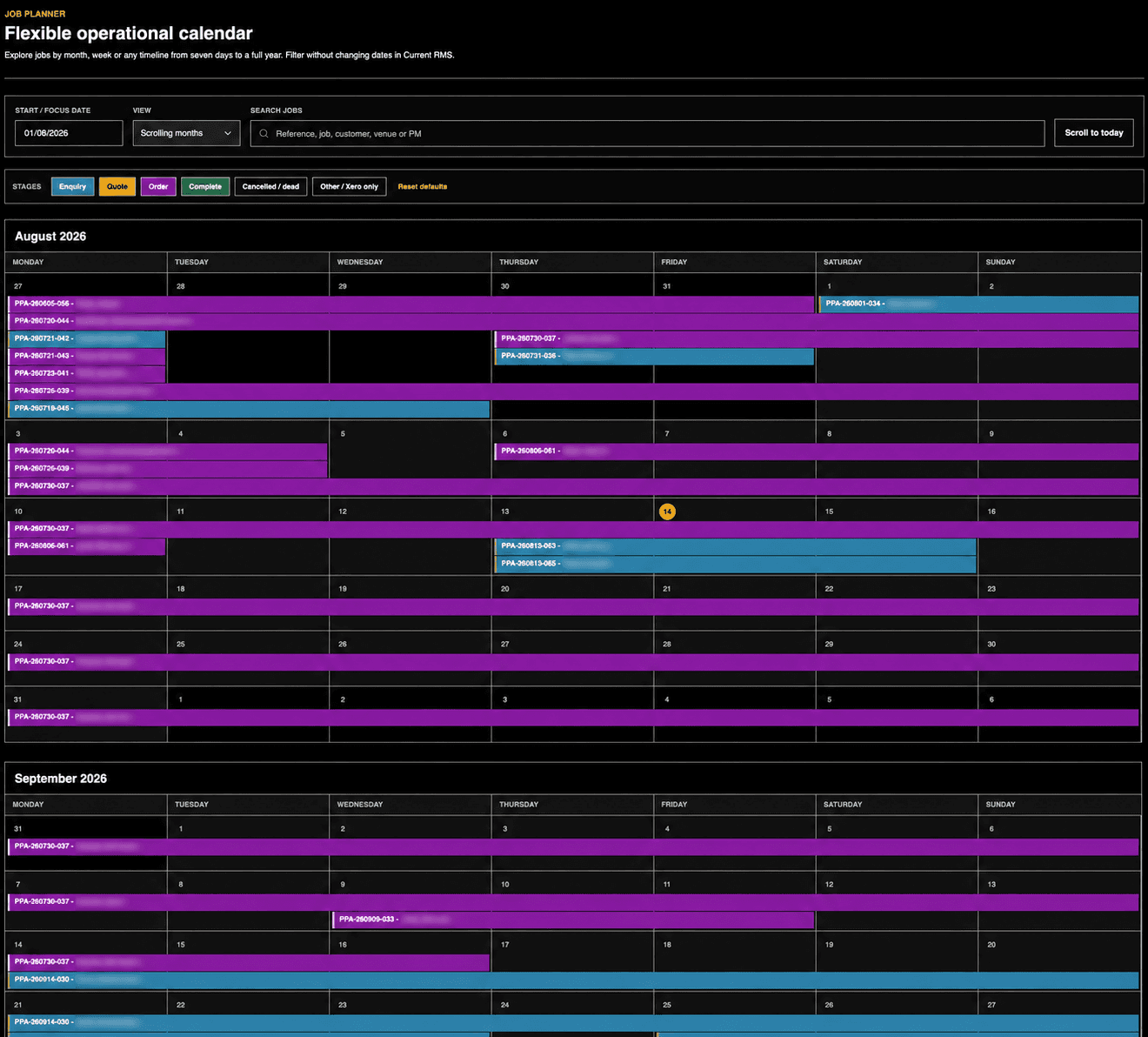 A scrolling operational calendar screen in ProductionOps360