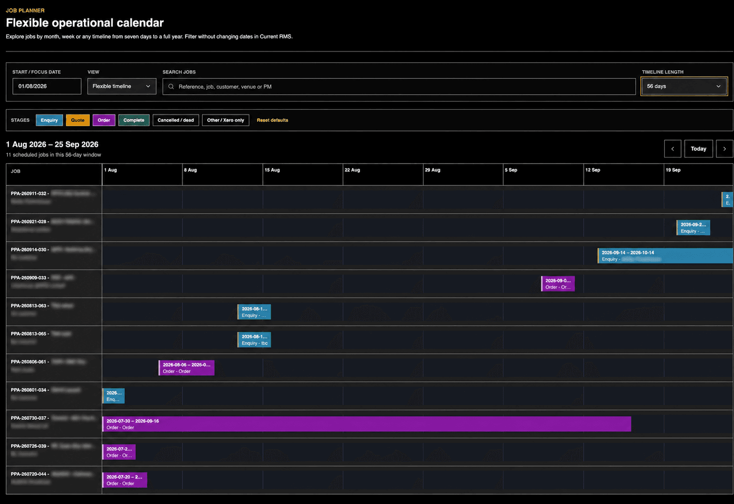 A flexible project timeline screen in ProductionOps360