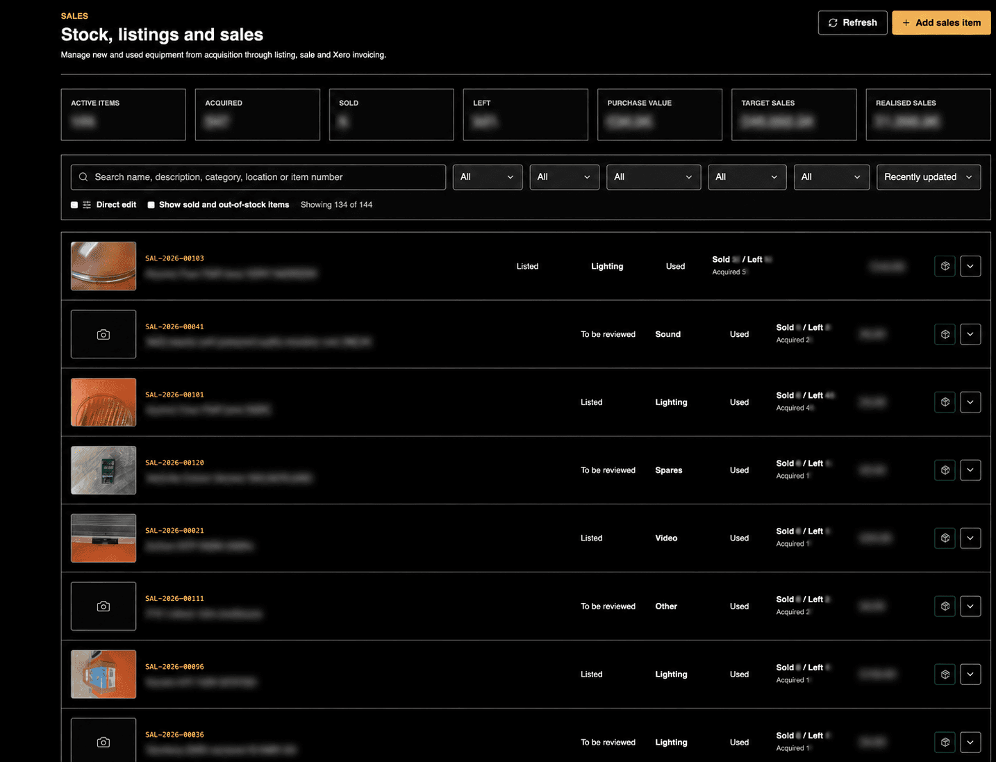 Stock, listings and sales screen in ProductionOps360