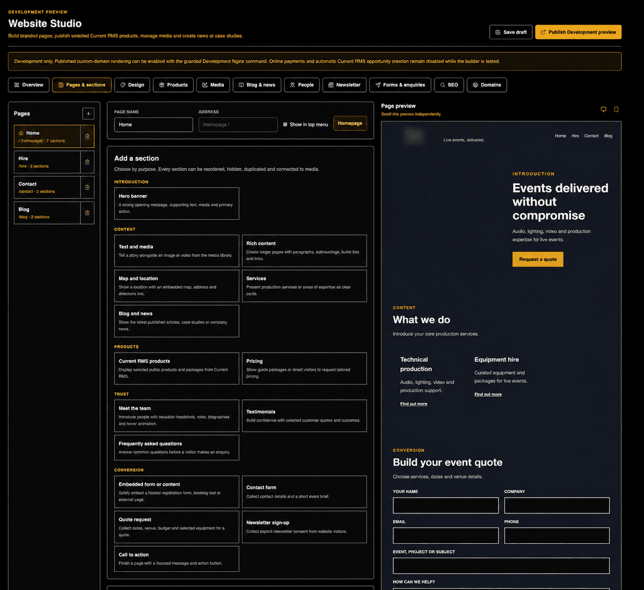 A website studio connected to operations screen in ProductionOps360